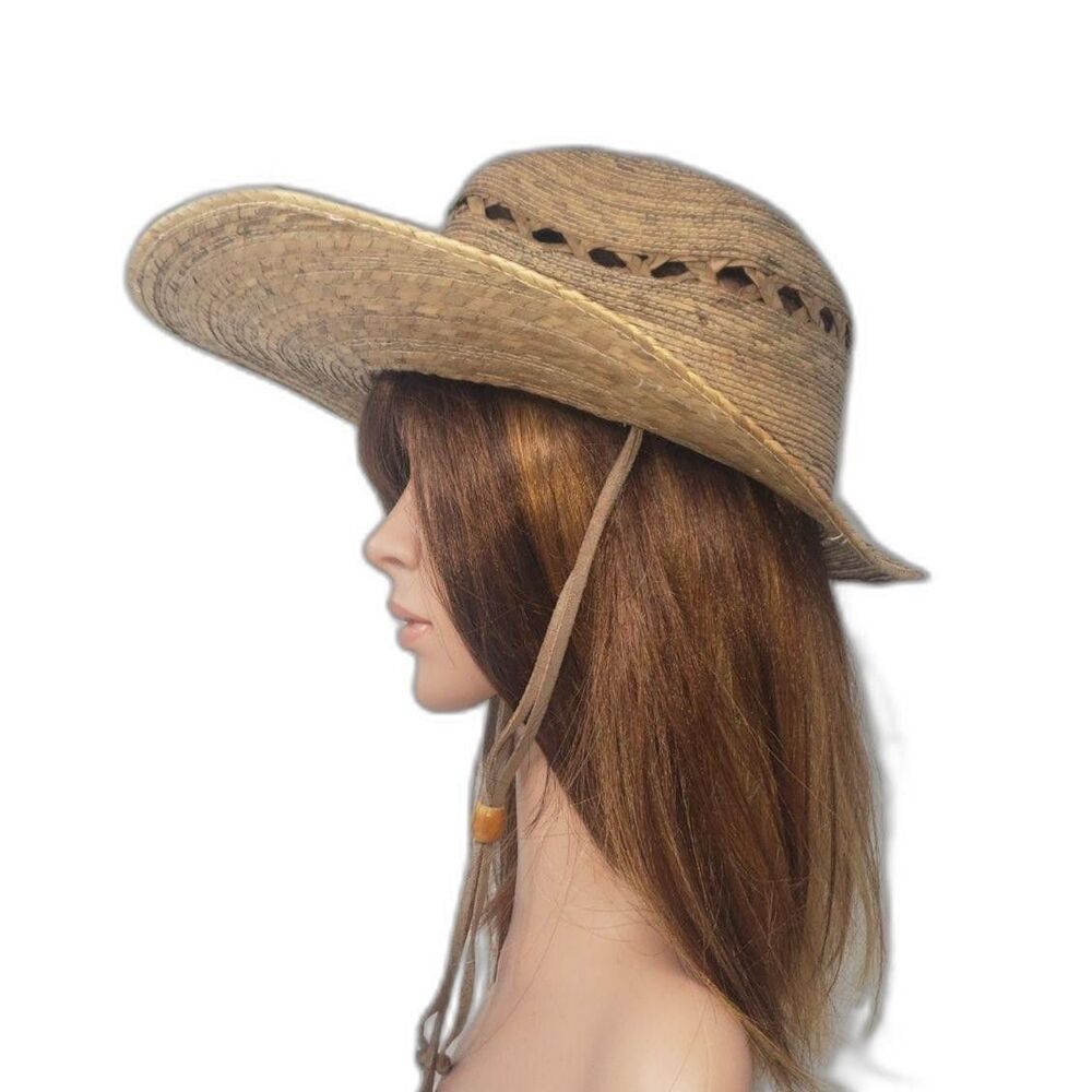 Tula Cowboy Hat Womens One Size Beige Straw Wide Brim Chin Strap Western Beach